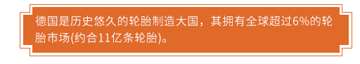 德國是歷史悠久的輪胎制造大國，其擁有全球超過6%的輪胎市場(約合11億條輪胎)。