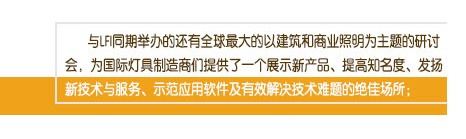 與LFI同期舉辦的還有全球最大的以建筑和商業(yè)照明為主題的研討會，為國際燈具制造商們提供了一個展示新產(chǎn)品、提高知名度、發(fā)揚新技術(shù)與服務(wù)、示范應(yīng)用軟件及有效解決技術(shù)難題的絕佳場所；