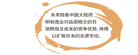 未來(lái)隨著中國(guó)大陸照明制造業(yè)對(duì)品質(zhì)概念的日漸轉(zhuǎn)強(qiáng)及成本的競(jìng)爭(zhēng)優(yōu)勢(shì),將得以擴(kuò)展日本的光源市場(chǎng)。。