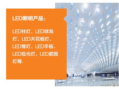 ?	LED照明產(chǎn)品：LED柱燈、LED球泡燈、LED天花板燈、LED筒燈、LED平板、LED投光燈、LED庭園燈等。