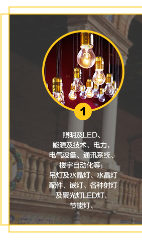 照明及LED、能源及技術(shù)、電力，電氣設(shè)備、通訊系統(tǒng)、樓宇自動化等；吊燈及水晶燈、水晶燈配件、嵌燈、各種射燈及聚光燈LED燈、節(jié)能燈、